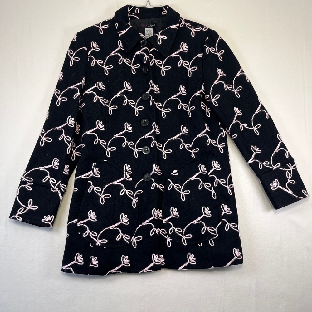 Focus by Shani wool blend black coat with pink embroidered flowers size L